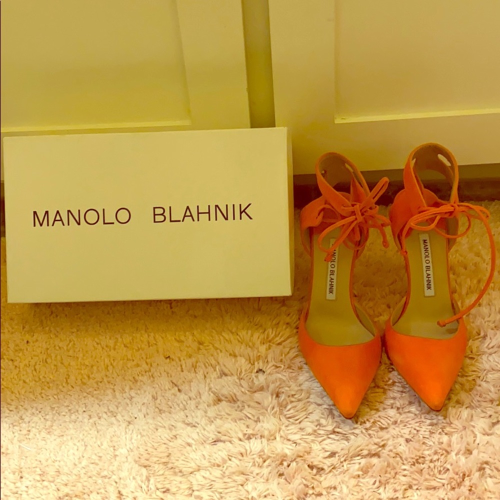 Manolo Blahnik orange suede tie pumps